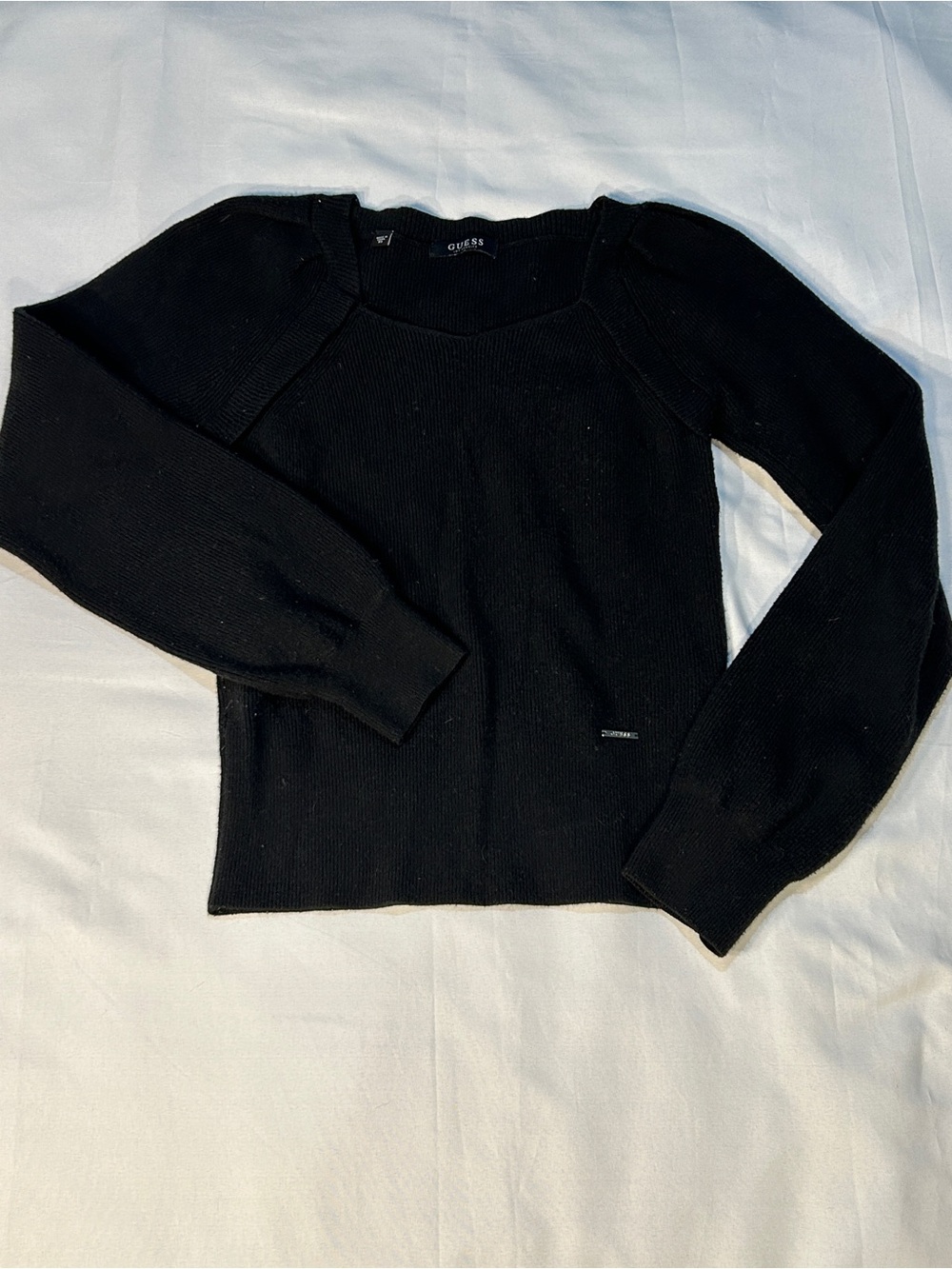 GUESS Black Ribbed Square-Neck Long Sleeve Sweater With Metal Logo XS